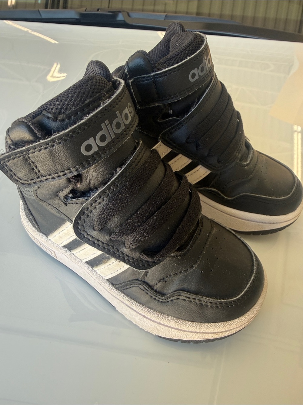 adidas Kids Black High-Top Sneakers with White Stripes
